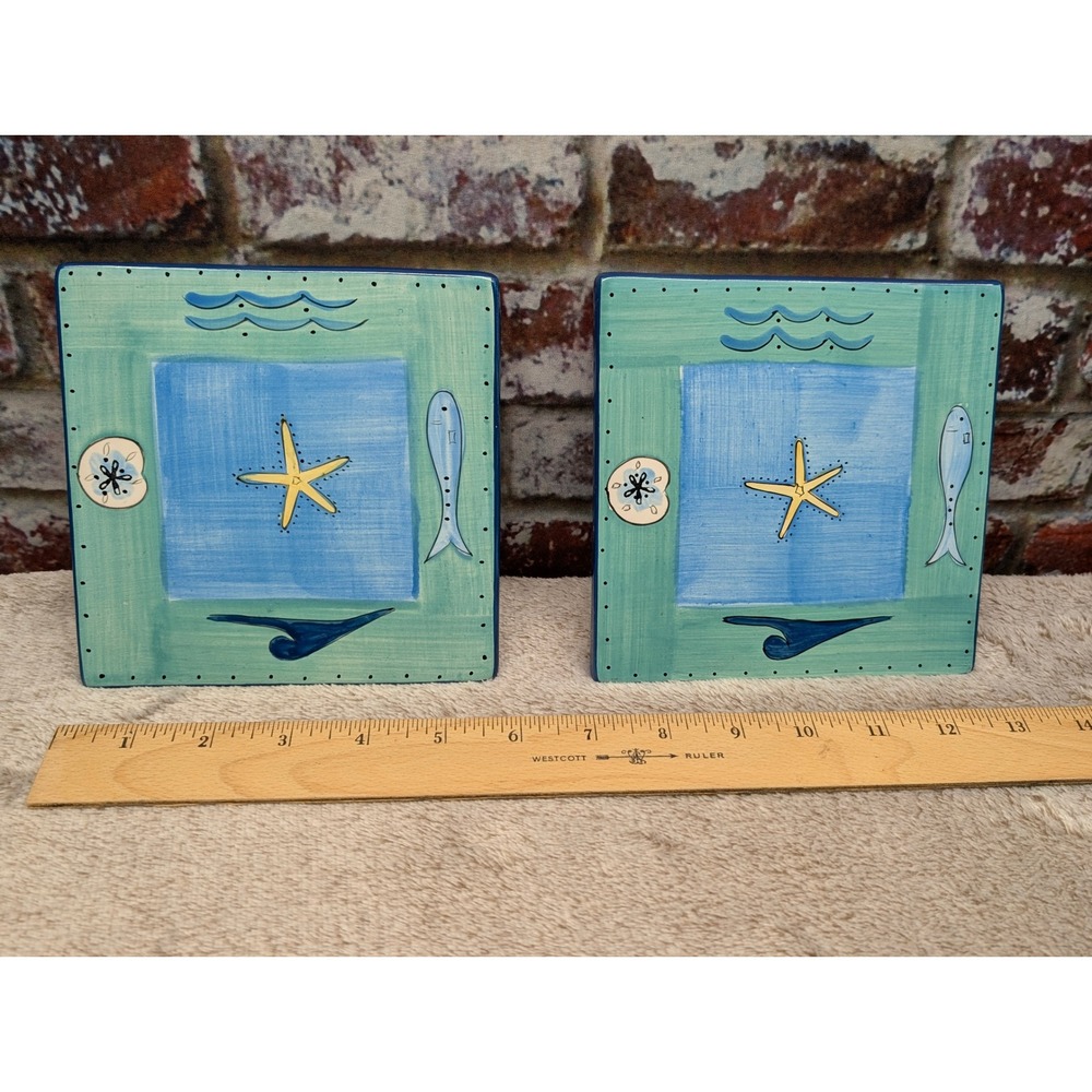 KIC Brushes Pair Hand Painted Nautical Ceramic Plate Tile Square Coastal Decor